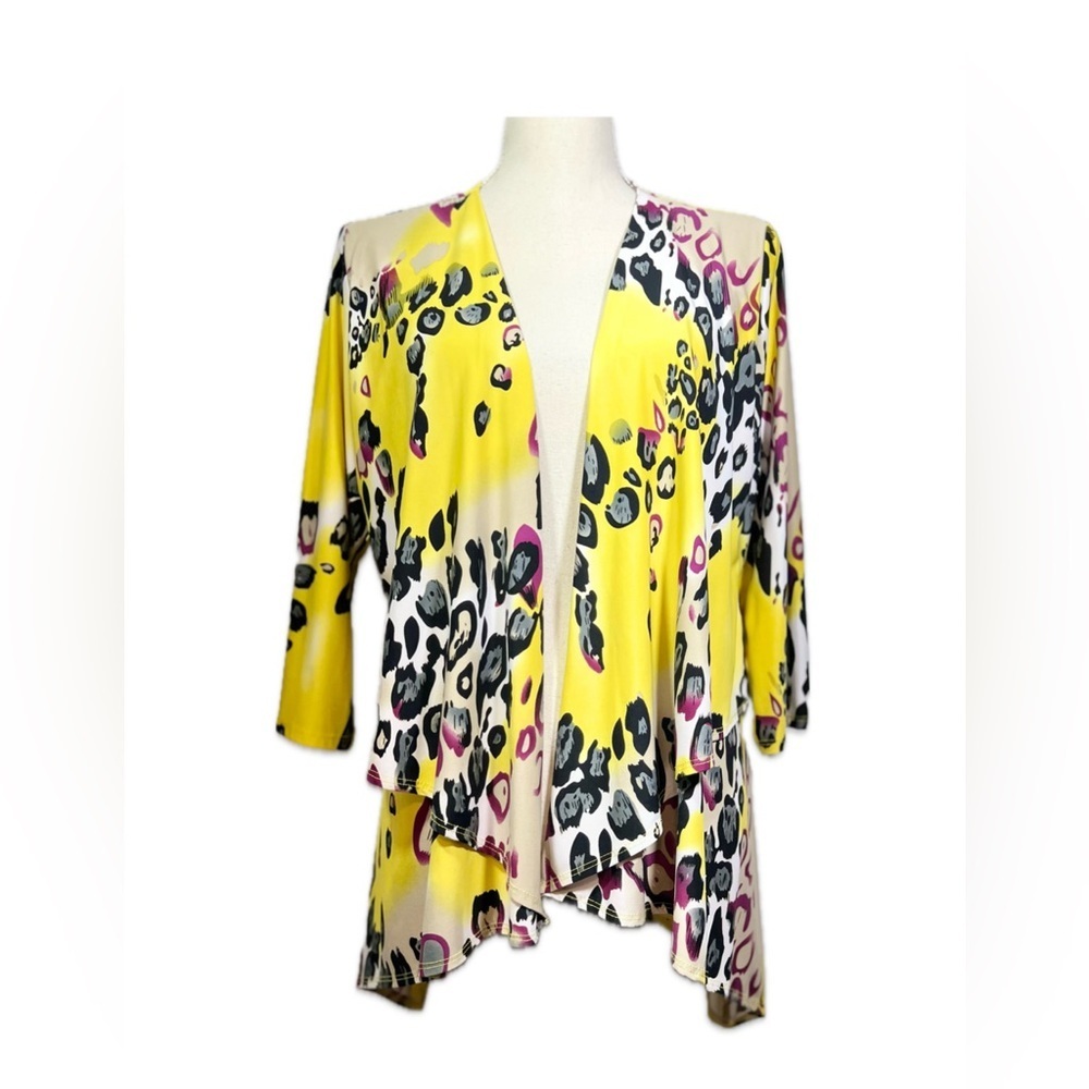 Caribe Leopard Print Drape Jacket Large Layered Animal 3/4 Sleeve Boho Chic